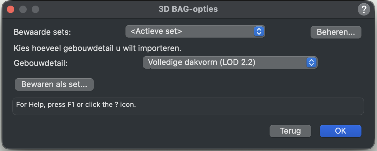 Nederlandstalig dialoogvenster van Import PDOK Geodata for Vectorworks voor het kiezen van 3D BAG-gebouwdetail