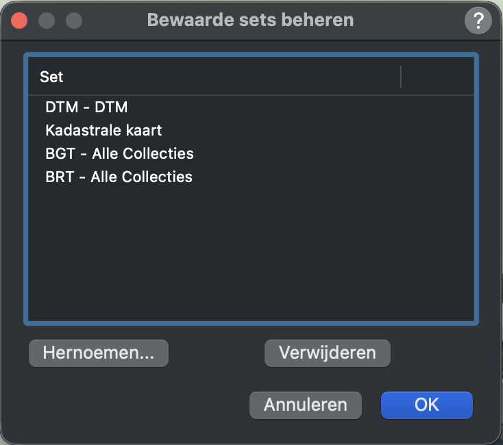 Nederlandstalig dialoogvenster van Import PDOK Geodata for Vectorworks voor het beheren van bewaarde sets